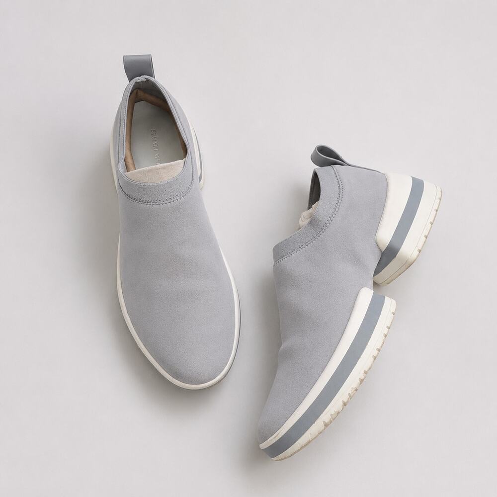 Stuart Weitzman SW-612 Light Gray/Blue Suede Sock Slip-On Sneakers, size 7.5B
